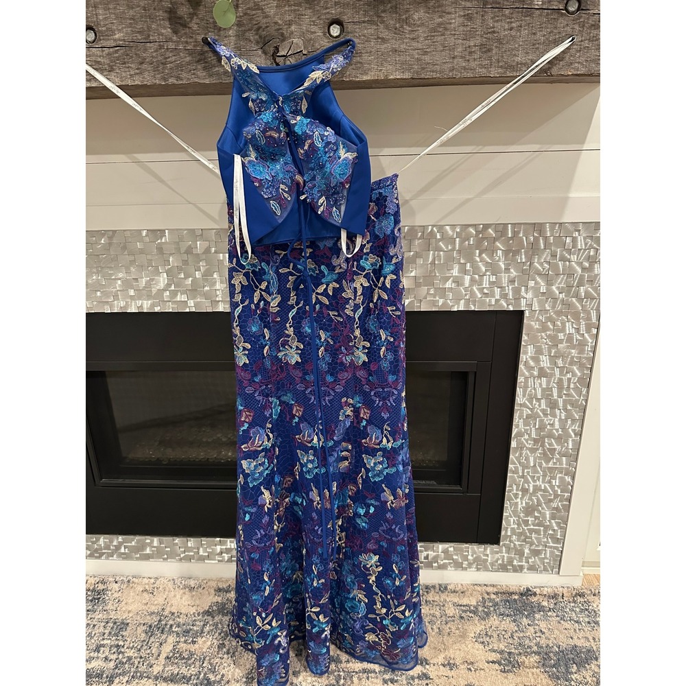 Ellie Wilde Mon Cheri 2 Piece Prom Dress Blue Floral Lace Halter Mermaid Set 4